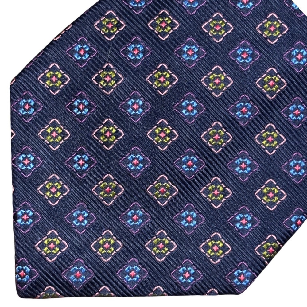 Barbara Blank New York Navy Blue Silk Geometric Medallion Handmade Mens Necktie